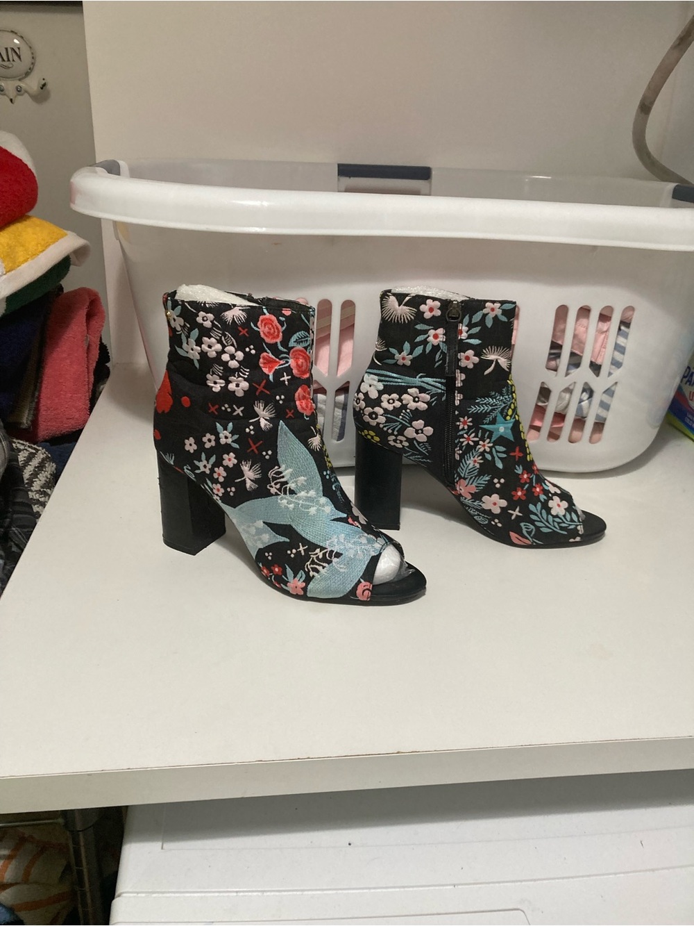 Floral Open-Toe Ankle Boots in Black and Multicolor